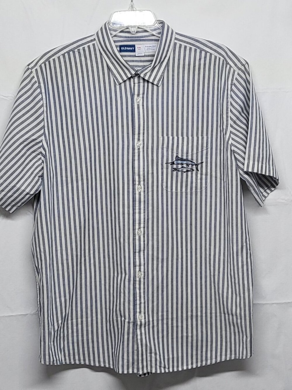 Old Navy Mens Shirt Button Up Fish Embroidered XXL Tall Short Sleeve Striped NWT